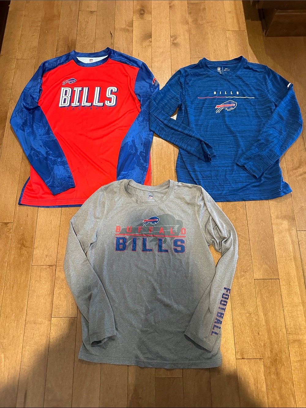 Lot of 3 Buffalo Bills Kids Long-Sleeve Team Shirts - Red, Royal Blue, Gray!